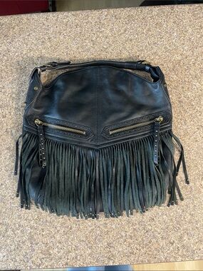 YANY Black Fringe Leather Shoulder Bag